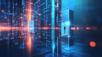 Naklejka premium A futuristic data security concept with a digital lock on a high-tech blue background.