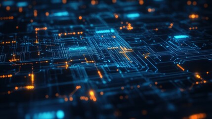 Obraz premium A futuristic electric circuit diagram glowing in blue on a dark tech-inspired background.