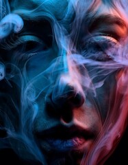 A mesmerizing fusion of realism and abstraction, depicting a hyper-detailed face emerging from swirling, colorful smoke, creating a dreamlike and surreal atmosphere.