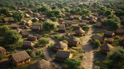 Illustration of a village in Africa with a small path. Empty African village seen from above with intriguing details. African clay houses in local village. Realistic 3D illustration.