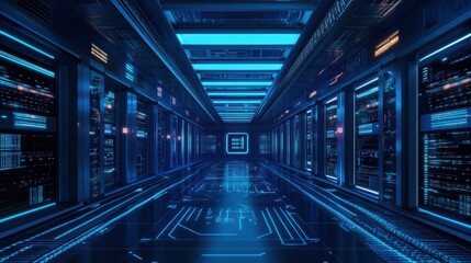Obraz premium A futuristic factory data center with glowing LED panels on a dark cyber blue background.