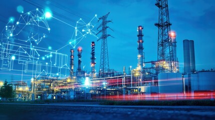 A futuristic factory energy monitoring system on a vibrant electric blue background.