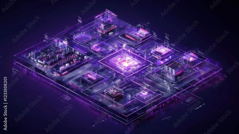 Poster a futuristic holographic display of an assembly process on a deep purple background.