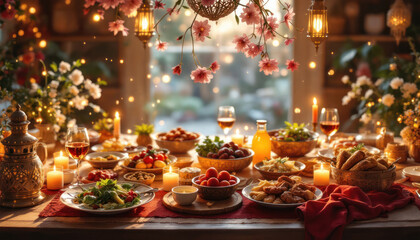 Fototapeta premium Romantic Dinner Table Setting with Candles and Flowers