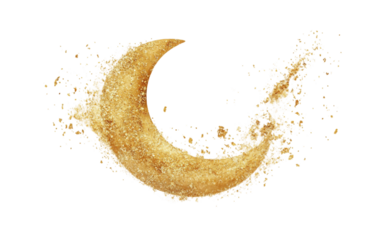 A Symbolic Crescent Moon Made from Ethereal, Shimmering Gold Dust Isolated on Transparent Background.