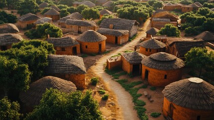 Illustration of a village in Africa with a small path. Empty African village seen from above with intriguing details. African clay houses in local village. Realistic 3D illustration.