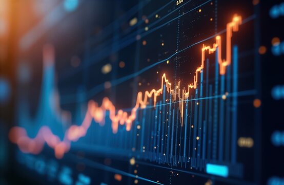 Digital graph chart shows increasing stock market trends. Modern tech interface displays financial data. Investment growth highlighted with glowing orange lines. Dynamic chart displays stock market