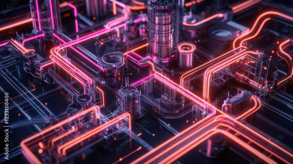 Aufkleber a futuristic neon-lit smart factory with ai-driven processes on a cyber black background.