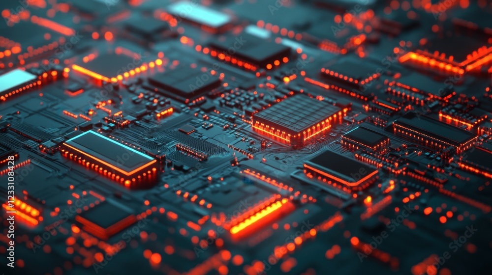 Poster a futuristic microchip manufacturing machine operating on a soft teal background.
