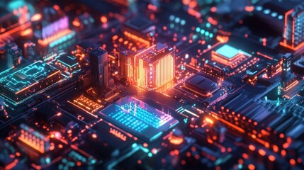 Obraz premium A futuristic neon-lit smart factory with AI-driven processes on a cyber black background.