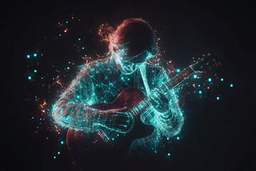 Glowing wireframe of a musician playing a futuristic instrument