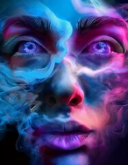 Fototapeta premium A mesmerizing fusion of realism and abstraction, depicting a hyper-detailed face emerging from swirling, colorful smoke, creating a dreamlike and surreal atmosphere.