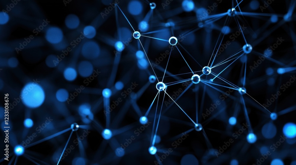 Poster a glowing data network with interconnected nodes on a futuristic black-to-blue gradient background.