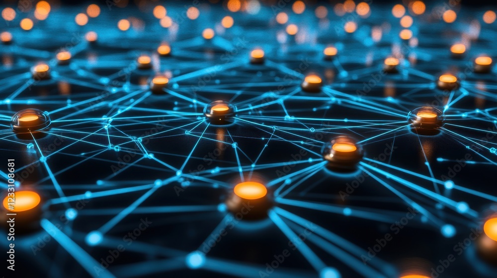 Poster a glowing data network with interconnected nodes on a futuristic black-to-blue gradient background.