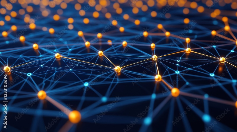 Poster a glowing data network with interconnected nodes on a futuristic black-to-blue gradient background.
