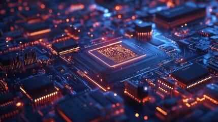 Obraz premium A glowing circuit board manufacturing process on a futuristic dark blue background.