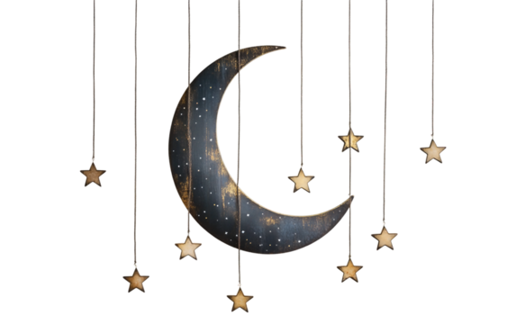 A Crescent Moon with Gently Swaying Stars Hanging from Ethereal Strings Isolated on Transparent Background. - Powered by Adobe