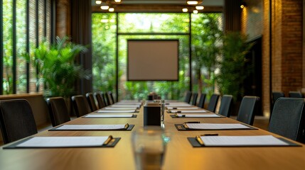 Fototapeta premium Empty conference room table, projector, green courtyard view, business meeting setup