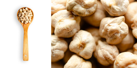 A spoonful of raw chickpeas on white background and a close up of raw chickpeas on a rectangular format.