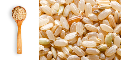 A spoonful of yamani rice on white background and a close up of yamani rice grains on a rectangular format.