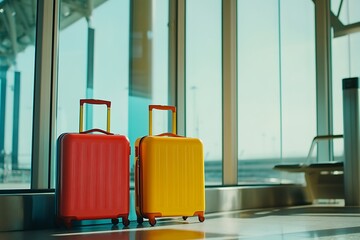 Two lively suitcases are prominent in the crowded departure terminal, reflecting the anticipation of embarking on a vacation journey.
