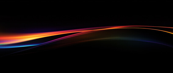 Fototapeta premium A smooth rainbow gradient texture on a black background, featuring a thin line of light in the bottom left corner. The vibrant colors blend seamlessly, creating a striking and dynamic visual effect
