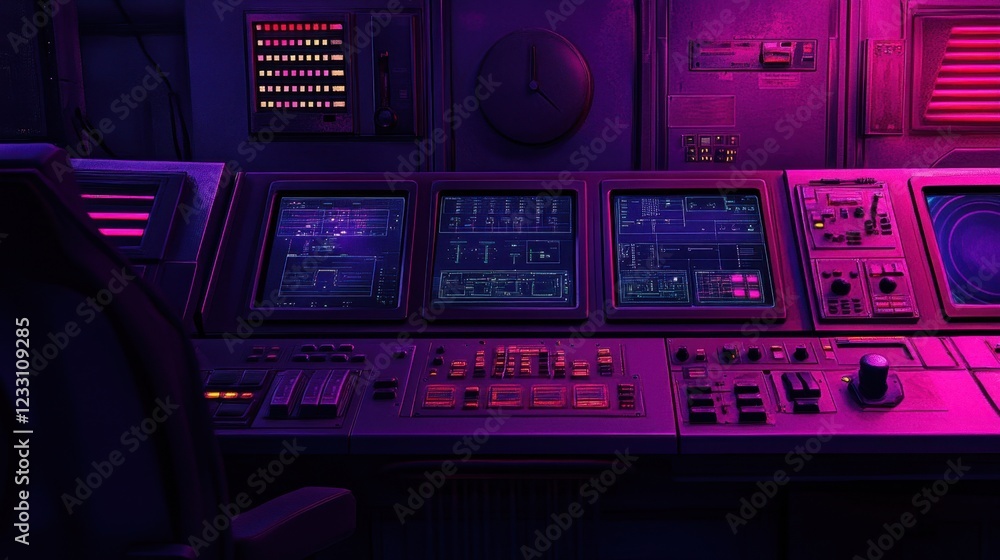 Poster a high-tech factory control room with smart touch interfaces on a deep purple background.