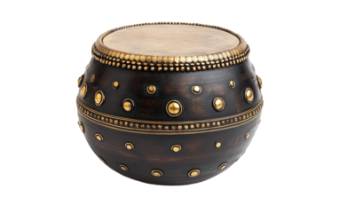 A Sacred Damru Drum with Golden Details Symbolizing Spiritual Energy Isolated on Transparent Background.