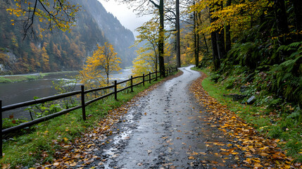Fototapeta premium Autumnal River Road, Scenic Drive, Fall Foliage, Misty Mountains, Nature