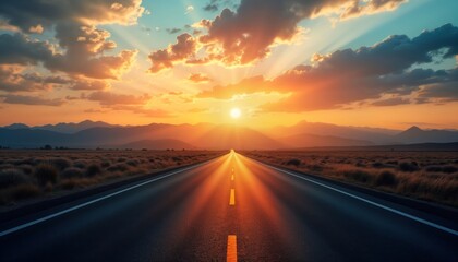 Empty highway stretches through dry countryside at sunset. Mountains rise in distance under vibrant sky. Sunlight streams across asphalt road. Scenic landscape. Vast horizon. Perfect for travel