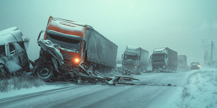 Several damaged semi trucks are jackknifed and blocking a snowy highway during a blizzard, causing a major traffic accident and highlighting the dangers of winter driving conditions