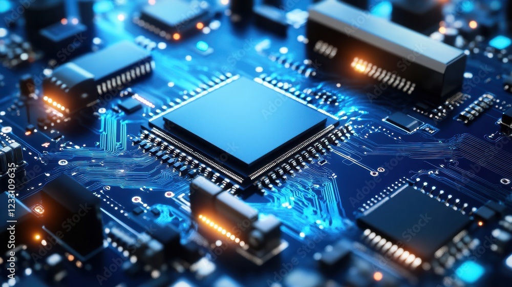 Poster a high-tech semiconductor processing machine with glowing components on a bold blue background.