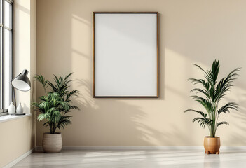 A beige wall with a large blank white frame, flanked by two potted plants, creates a serene and inviting atmosphere in the room. A4 Frame Mockup