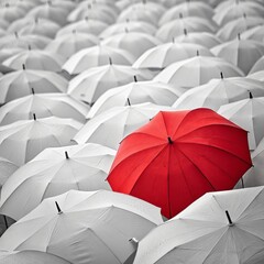 Among many identical white umbrellas, a lonely red umbrella stands out, which, like the embodiment of individuality and freedom, attracts the attention of passers-by with its bright color
