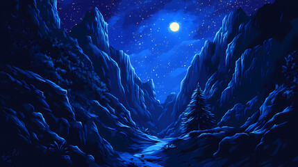 A narrow mountain pass lined with rugged, dark cliffs, where a christmas tree shines under a deep indigo sky filled with stars. ai generated. Indigo Cliff. Illustration