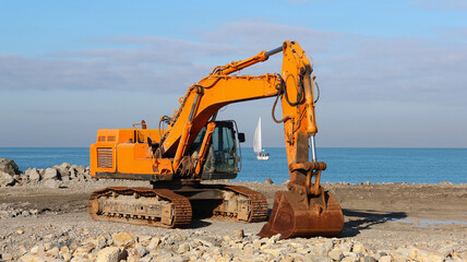 Excavator by the sea and sailing boat in the background.