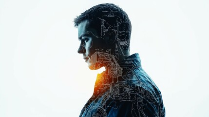 Car mechanic in clean overalls shows schematics against a white background