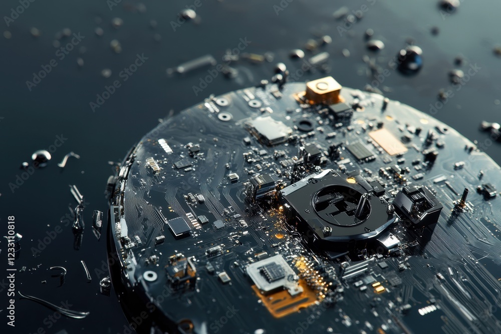Poster intricate circuit board immersed in liquid with droplets reflecting light in a dark environment