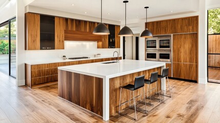 Fototapeta premium A modern kitchen featuring a central island with bar stools, sleek countertops, and pendant lighting, top view.