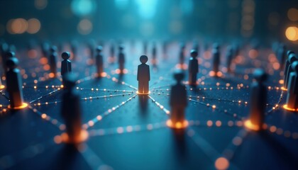 Abstract illustration of global network connecting people. Central figure stands at hub of connection. Vivid orange lights highlight connections between individuals. Modern tech concept. Networking,