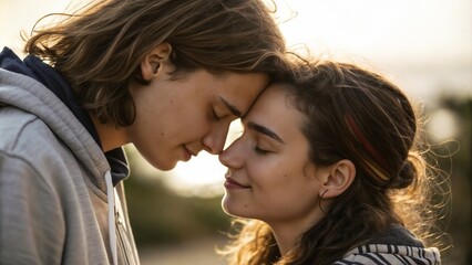 Fototapeta premium Young couple sharing a gentle forehead touch with warm smiles in a romantic outdoor sunset setting