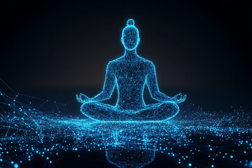 Glowing wireframe of a person in a meditative pose, representing technology and mindfulness