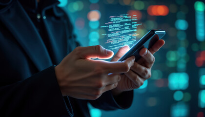 Person holds mobile phone with visible code on screen. Cyberattack concept. Hacker examines data breach. Mobile phone security issue. Digital crime. Person likely cybercriminal. Security risks.