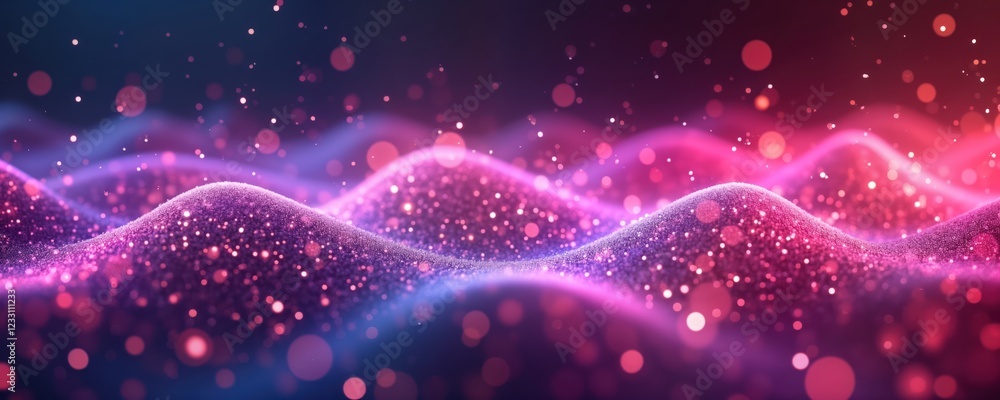 Poster abstract digital particles form soft waves. glittering pink, purple particles create dynamic pattern