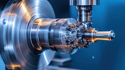 A precision lathe machine carving metal on a rich steel blue background.