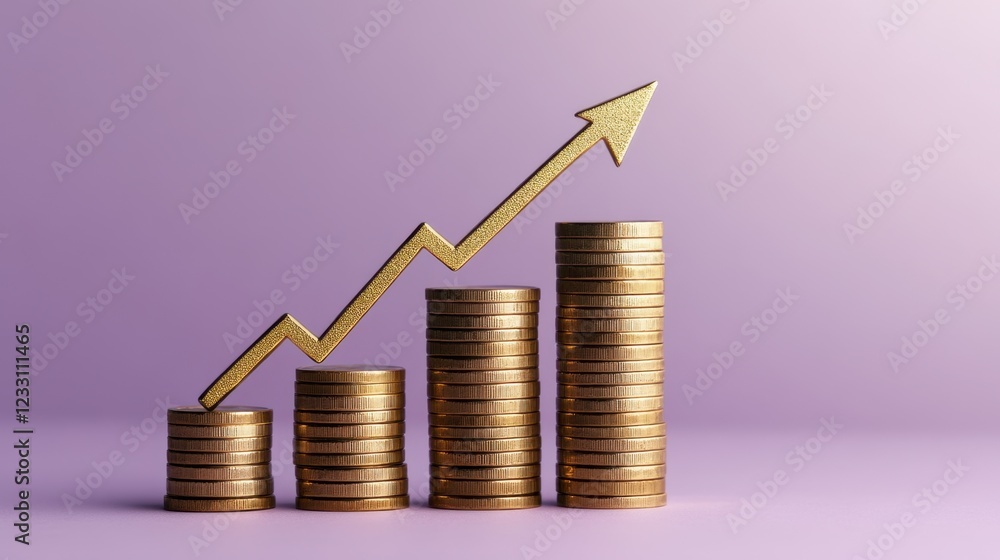 Poster a row of stacked gold coins with a growing arrow on a soft violet background.