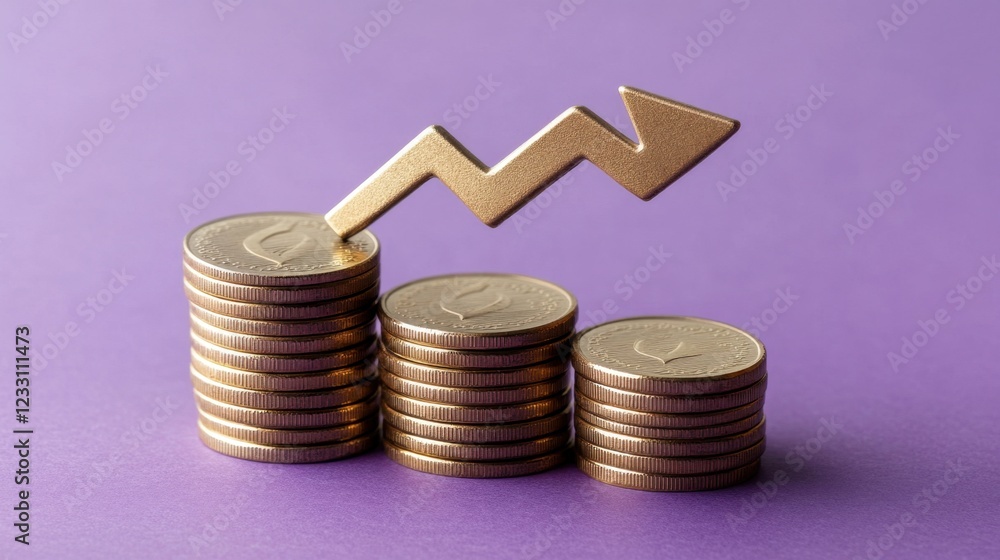 Aufkleber a row of stacked gold coins with a growing arrow on a soft violet background.