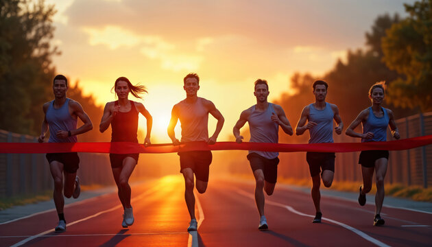 Group of athletic adults cross finish line together at sunset. Teamwork leads to shared success. Active lifestyle, achievement highlighted. Motivated people run on track. Successful competitive
