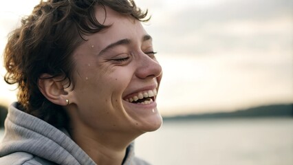 Happy woman with tears of happiness laughing sincerely against a serene outdoor background