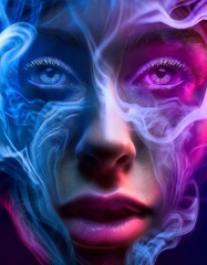 A mesmerizing fusion of realism and abstraction, depicting a hyper-detailed face emerging from swirling, colorful smoke, creating a dreamlike and surreal atmosphere.